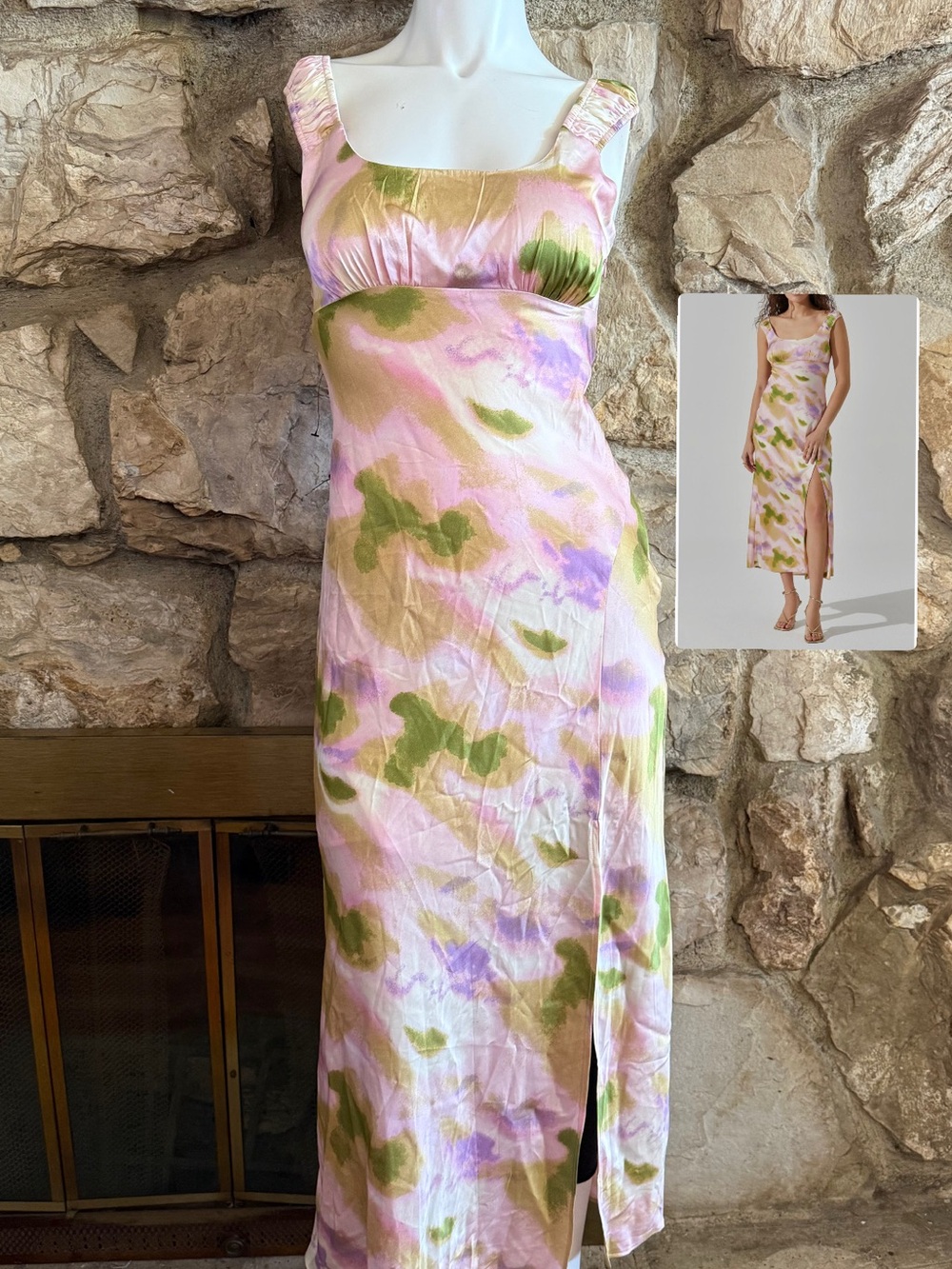 Astr Pink, Green & Lavender Floral Satin Maxi Dress